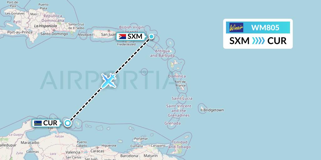 WM805 Winair Flight Map: Sint Maarten to Willemstad