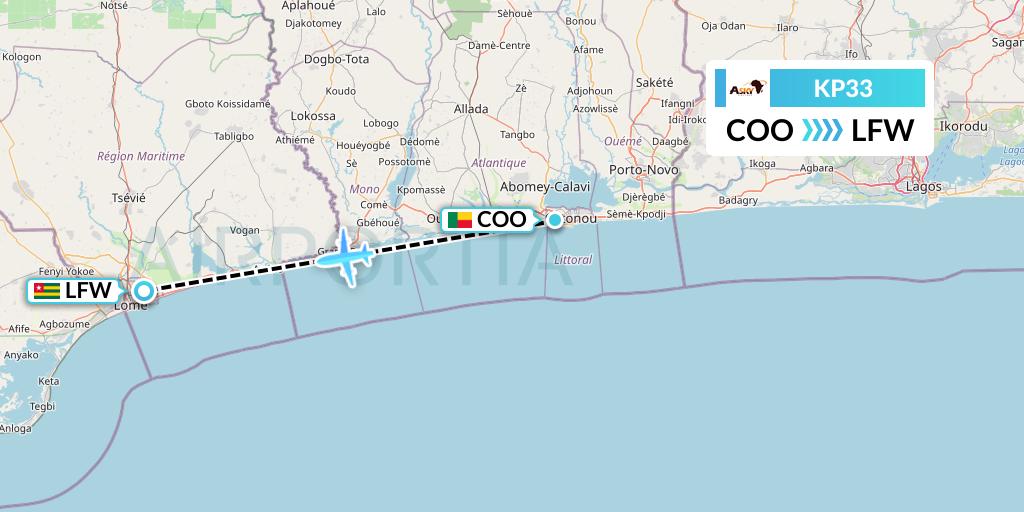 KP33 ASKY Flight Map: Cotonou to Lome