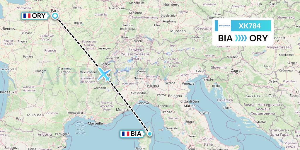 XK784 Air Corsica Flight Map: Bastia to Paris