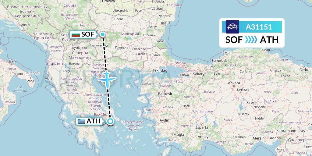 A31151 Aegean Airlines Flight Map: Sofia to Athens