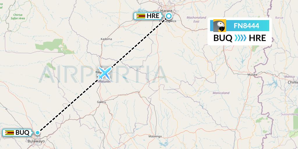 FN8444 Fastjet Flight Map: Bulawayo to Harare