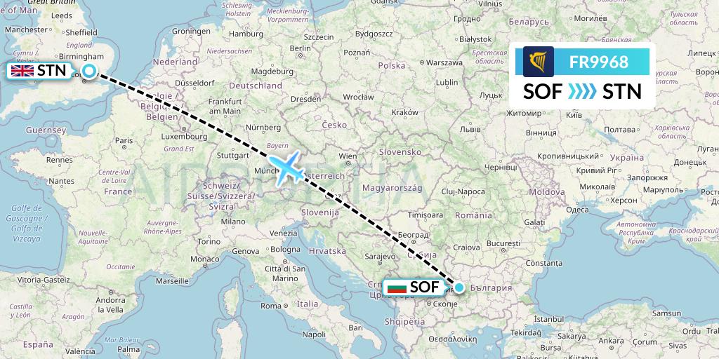 FR9968 Ryanair Flight Map: Sofia to London