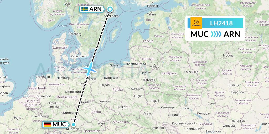 LH2418 Lufthansa Flight Map: Munich to Stockholm