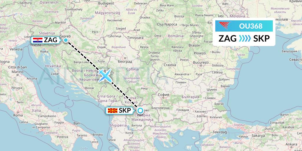 OU368 Croatia Airlines Flight Map: Zagreb to Skopje