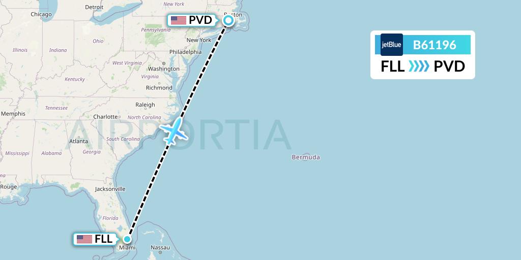 B61196 JetBlue Airways Flight Map: Fort Lauderdale to Providence