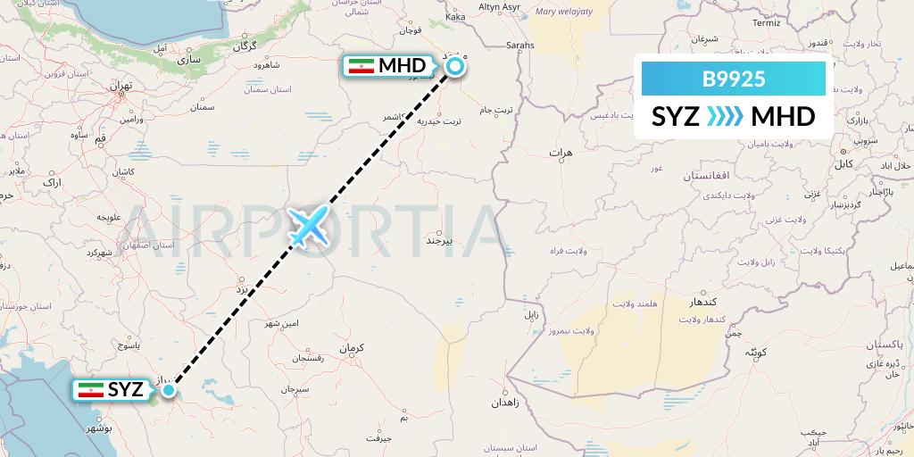 B9925 Iran Air Tours Flight Map: Shiraz to Mashhad