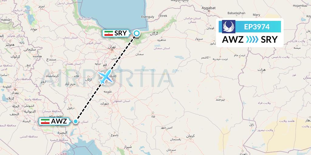 EP3974 Iran Aseman Airlines Flight Map: Ahvaz to Sari