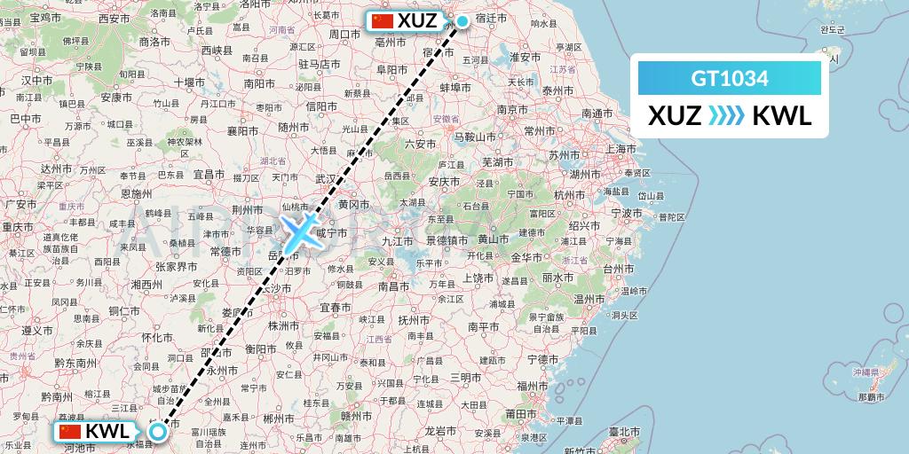 GT1034 Air Guilin Flight Map: Xuzhou to Guilin