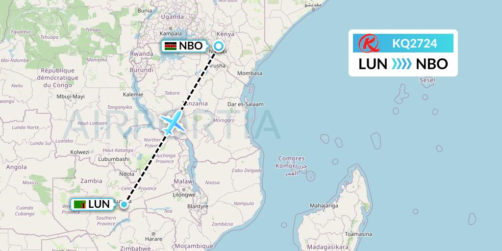 KQ2724 Kenya Airways Flight Map: Lusaka to Nairobi