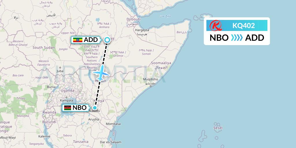 KQ402 Kenya Airways Flight Map: Nairobi to Addis Ababa