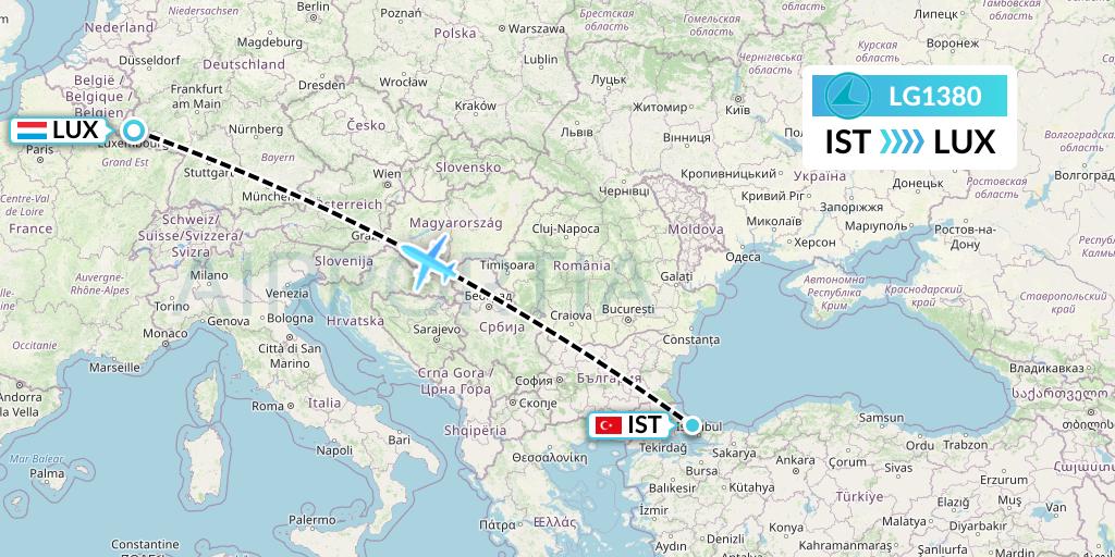 LG1380 Luxair Flight Map: Istanbul to Luxembourg