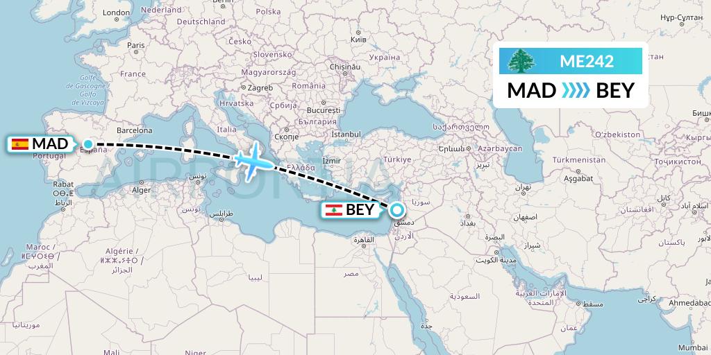 ME242 MEA Flight Map: Madrid to Beirut