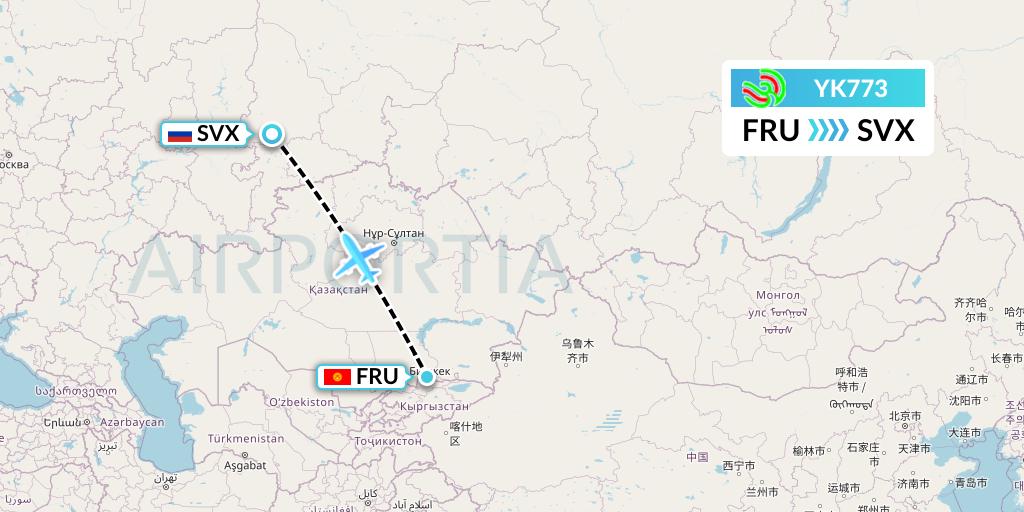 YK773 Avia Traffic Flight Map: Bishkek to Yekaterinburg