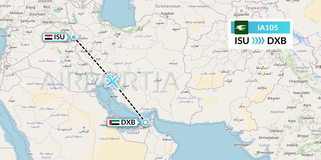 IA105 Iraqi Airways Flight Map: Sulaimaniyah to Dubai
