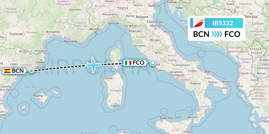 IB5332 Iberia Flight Map: Barcelona to Rome