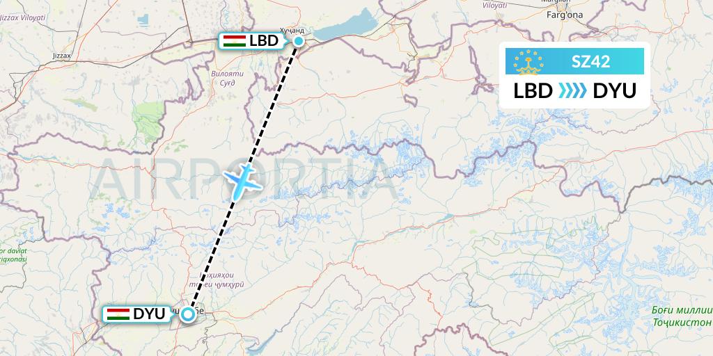 SZ42 Somon Air Flight Map: Khudzhand to Dushanbe