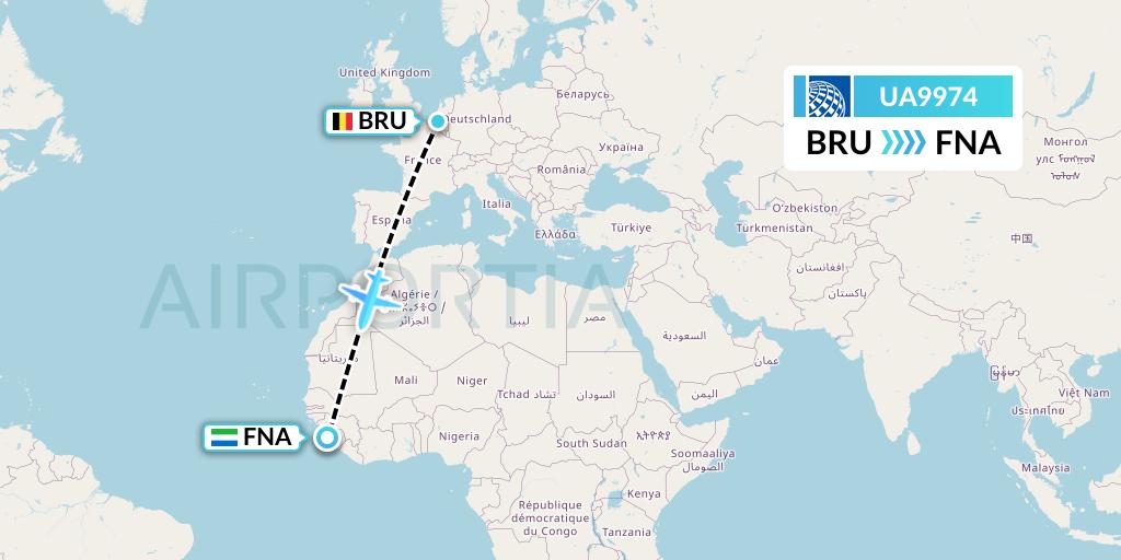 UA9974 United Airlines Flight Map: Brussels to Freetown