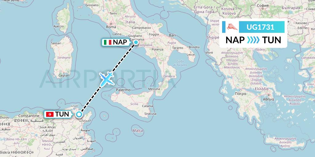 UG1731 Tunisair Express Flight Map: Naples to Tunis