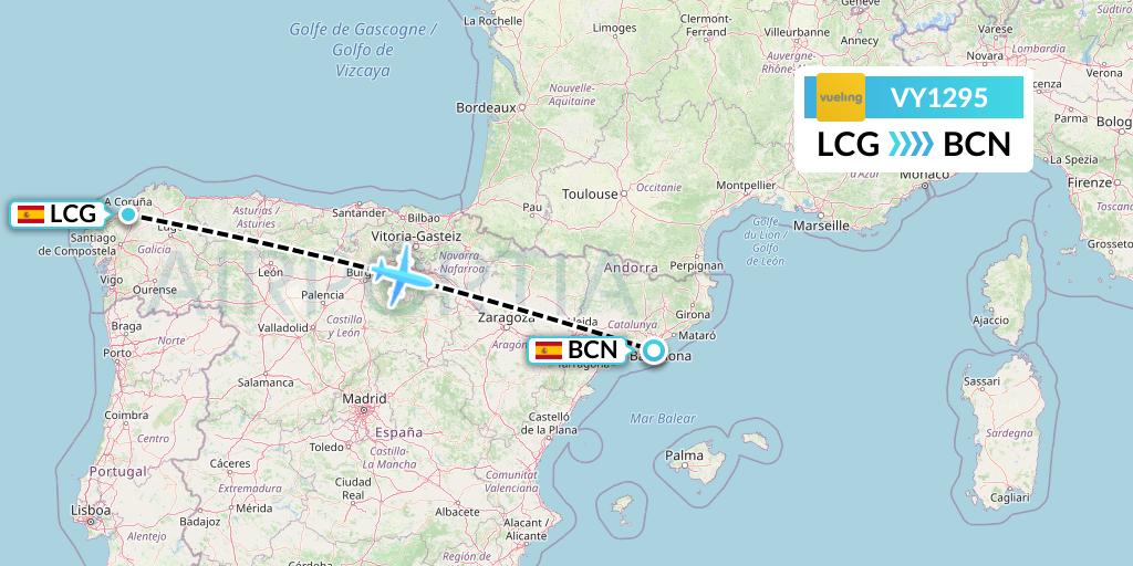 VY1295 Vueling Flight Map: A Coruna to Barcelona
