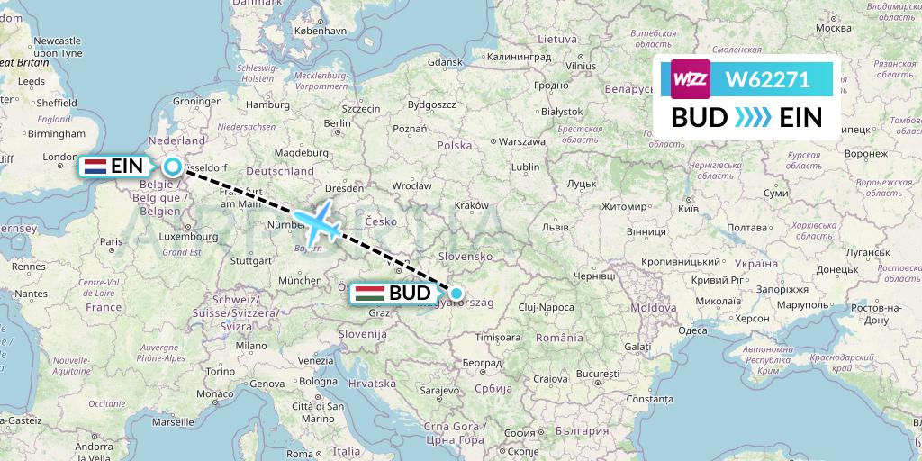 W62271 Wizz Air Flight Map: Budapest to Eindhoven