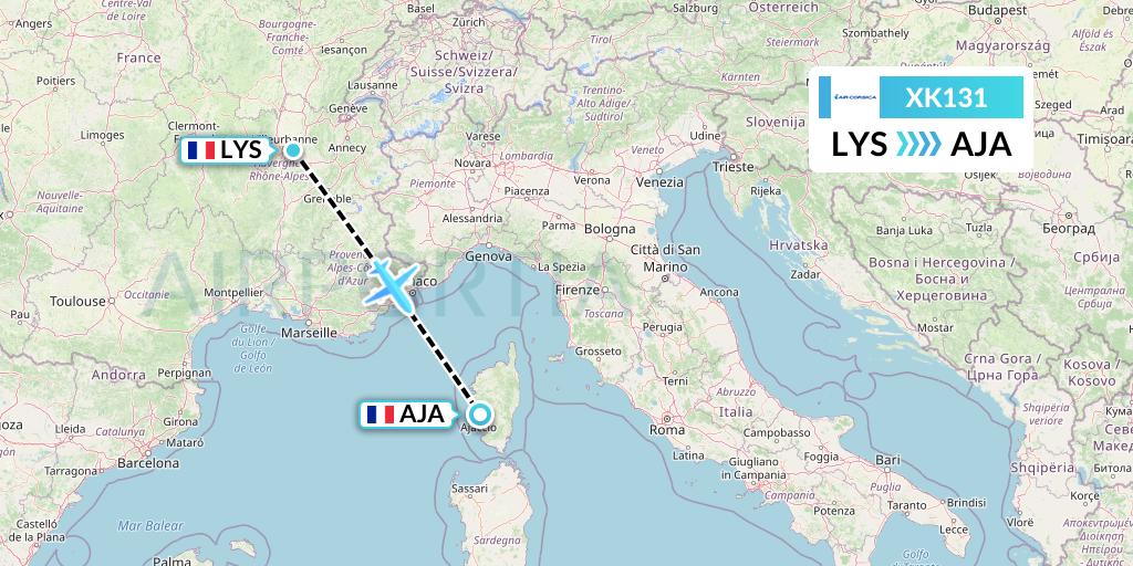 XK131 Air Corsica Flight Map: Lyon to Ajaccio