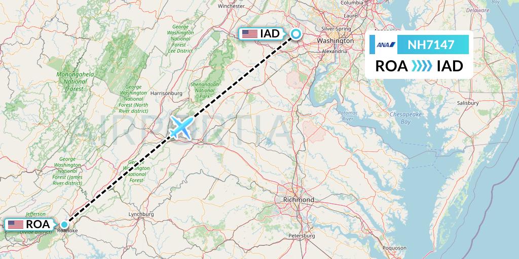 NH7147 All Nippon Airways Flight Map: Roanoke to Washington
