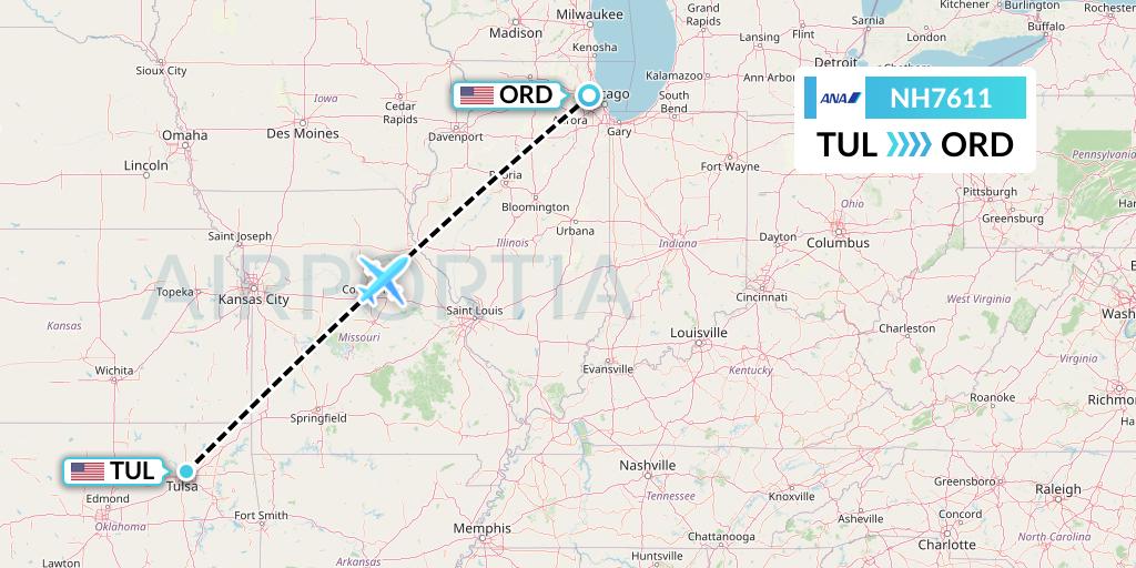NH7611 All Nippon Airways Flight Map: Tulsa to Chicago