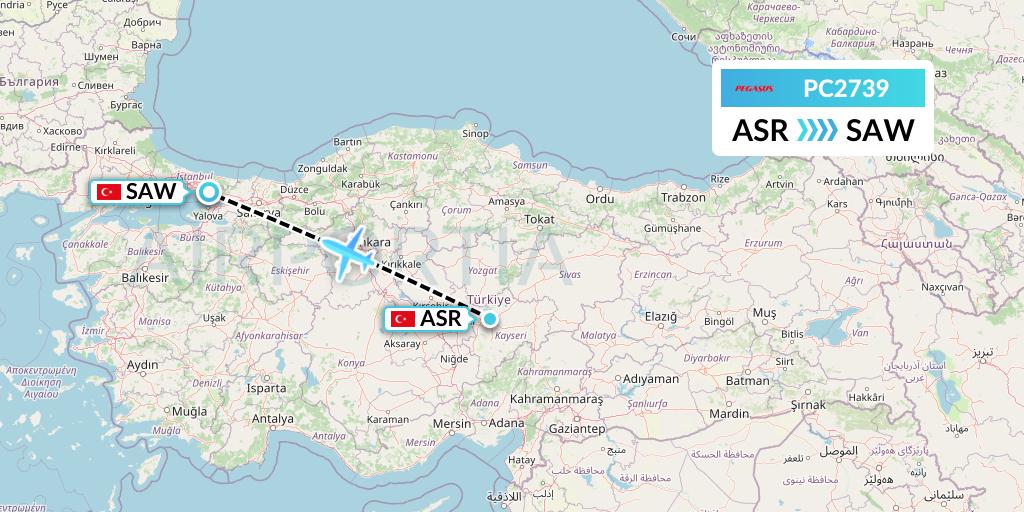 PC2739 Pegasus Airlines Flight Map: Kayseri to Istanbul