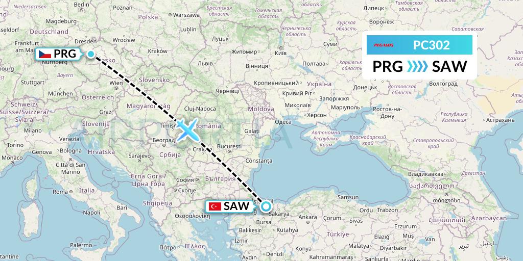PC302 Pegasus Airlines Flight Map: Prague to Istanbul