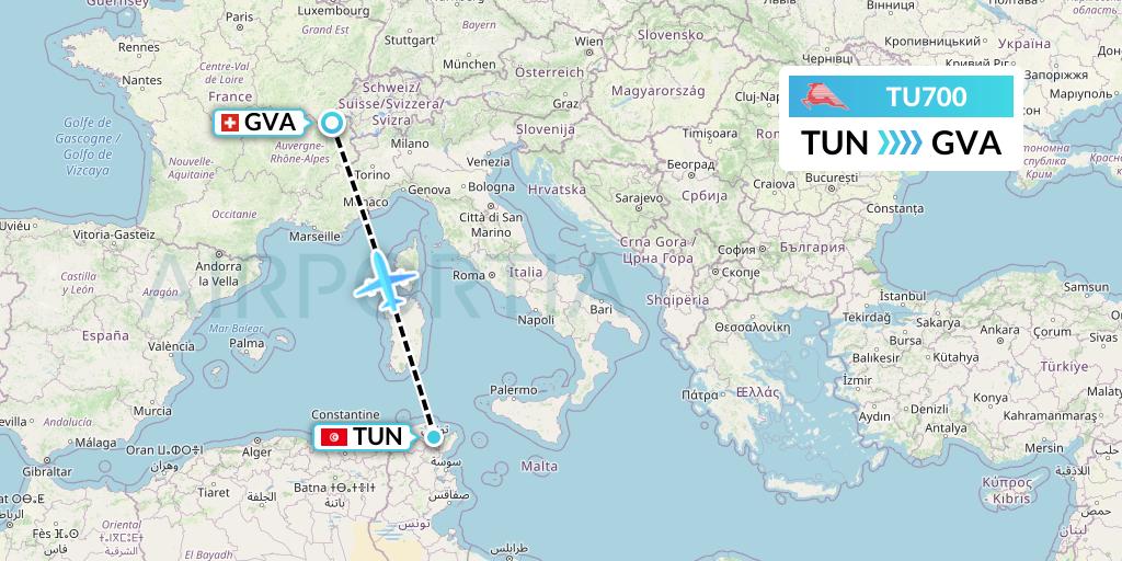 TU700 Tunisair Flight Map: Tunis to Geneva