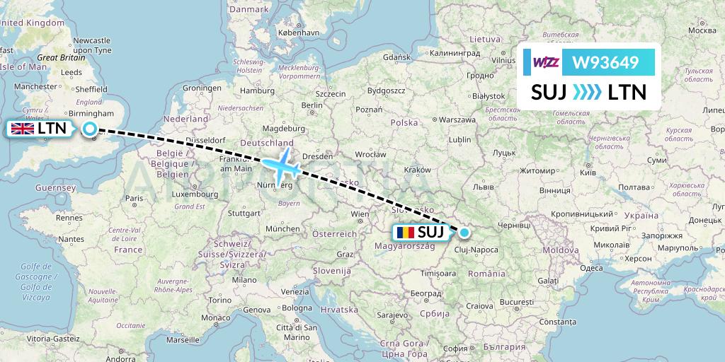 W93649 Wizz Air UK Flight Map: Satu Mare to London