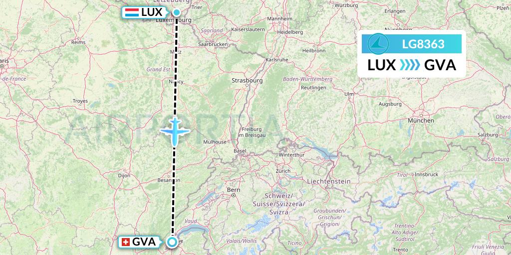 LG8363 Luxair Flight Map: Luxembourg to Geneva