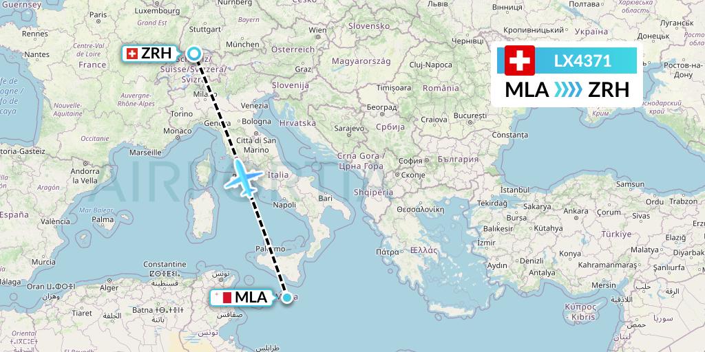 LX4371 Swiss Flight Map: Malta to Zurich