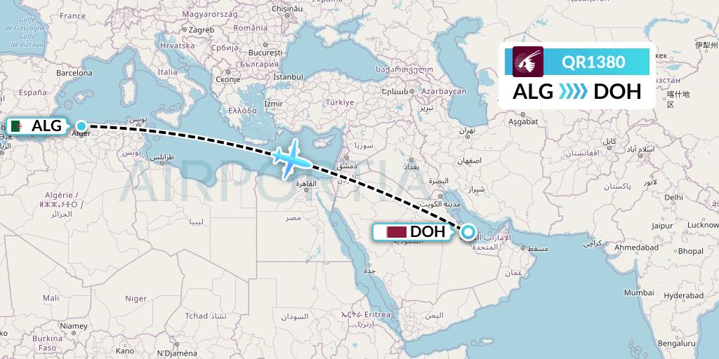 QR1380 Qatar Airways Flight Map: Algiers to Doha