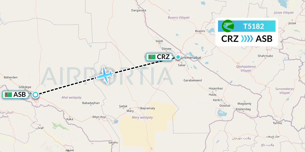 T5182 Turkmenistan Airlines Flight Map: Turkmenabat to Ashgabat
