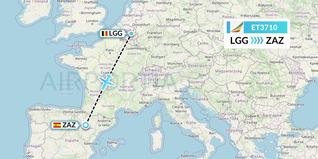 ET3710 Ethiopian Airlines Flight Map: Liege to Zaragoza