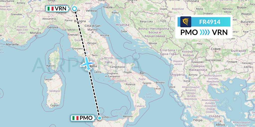 FR4914 Ryanair Flight Map: Palermo to Verona