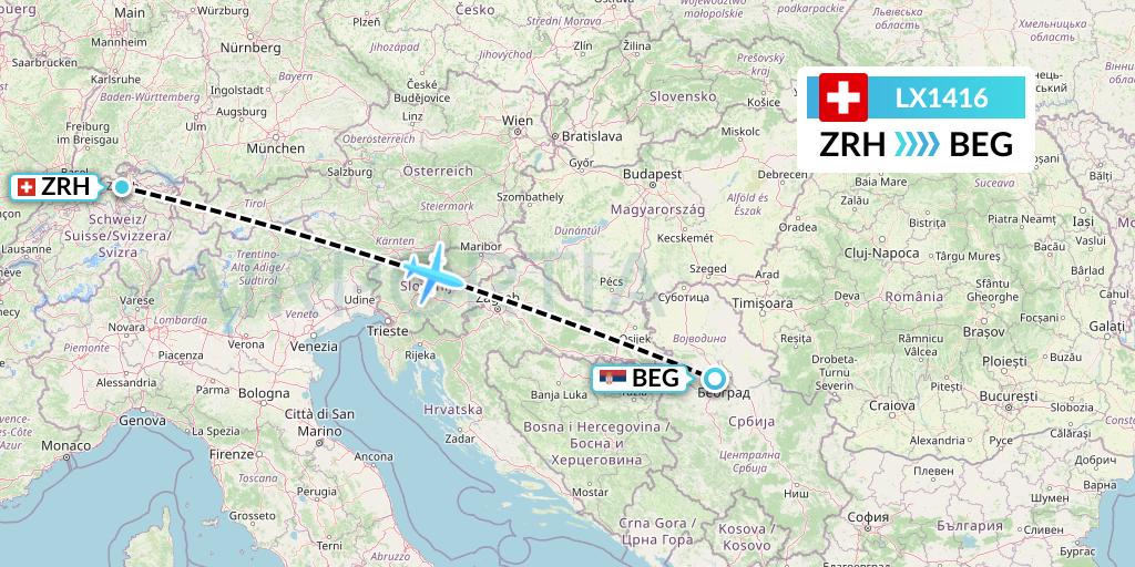 LX1416 Swiss Flight Map: Zurich to Belgrade