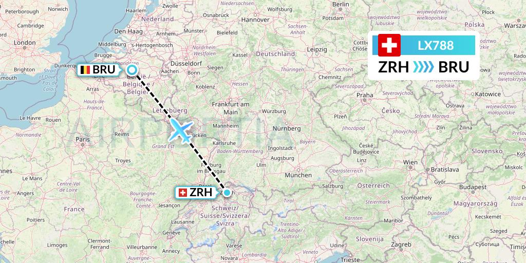 LX788 Swiss Flight Map: Zurich to Brussels