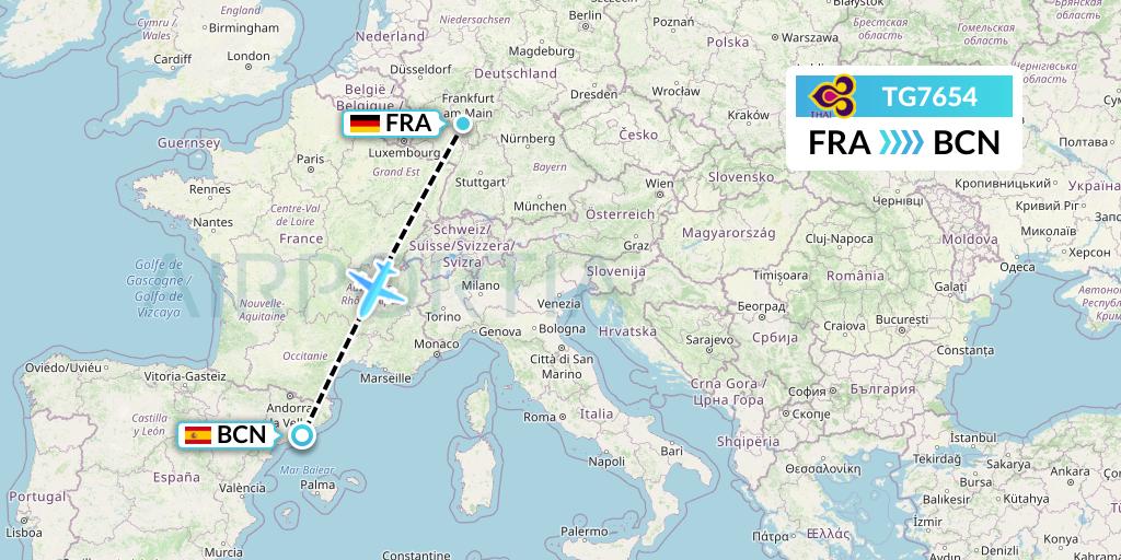 TG7654 Thai Airways Flight Map: Frankfurt to Barcelona