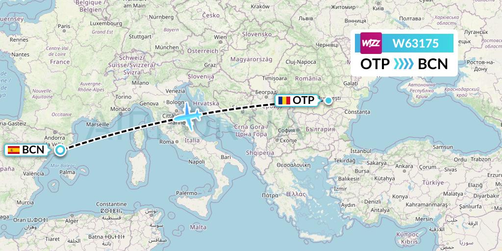 W63175 Wizz Air Flight Map: Bucharest to Barcelona