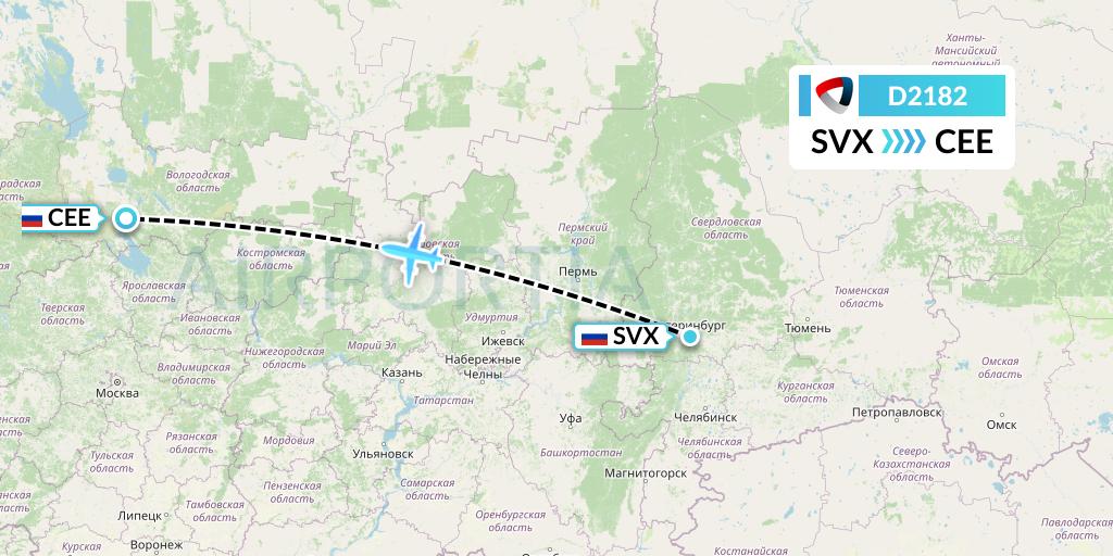 D2182 Severstal Aircompany Flight Map: Yekaterinburg to Cherepovets