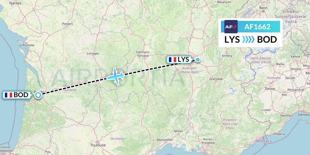 AF1662 Air France Flight Map: Lyon to Bordeaux