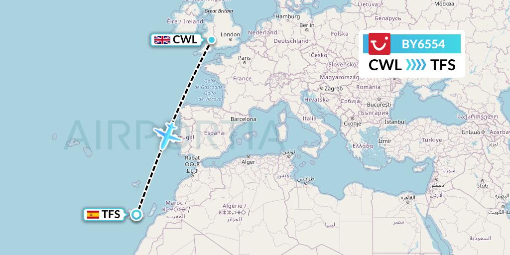 BY6554 TUI Airways Flight Map: Cardiff to Tenerife