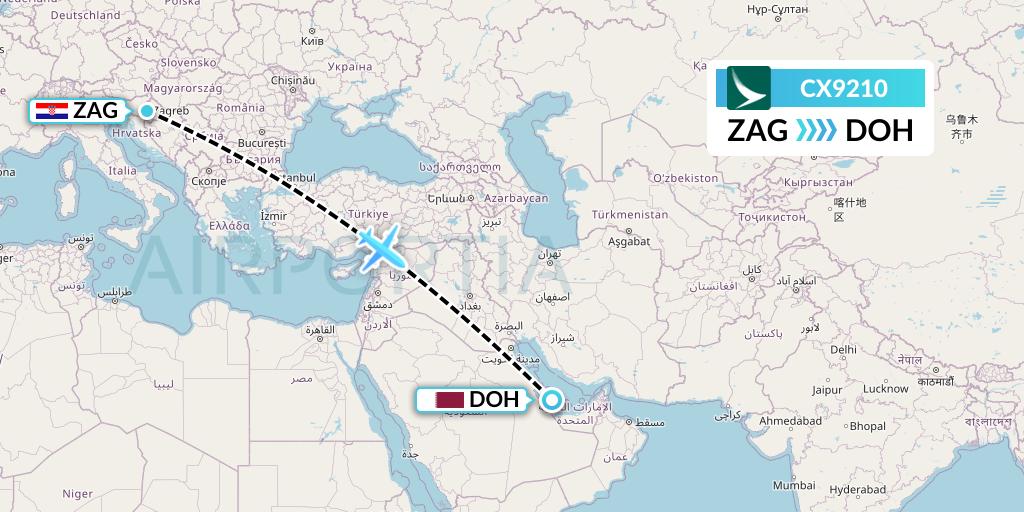 CX9210 Cathay Pacific Flight Map: Zagreb to Doha