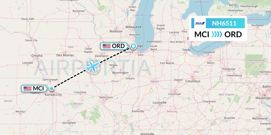 NH6511 All Nippon Airways Flight Map: Kansas City to Chicago