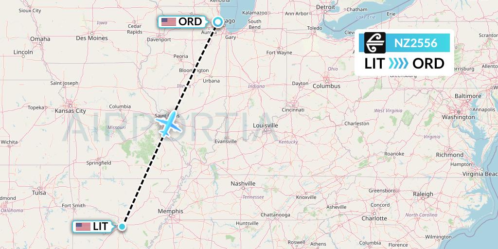NZ2556 Air New Zealand Flight Map: Little Rock to Chicago