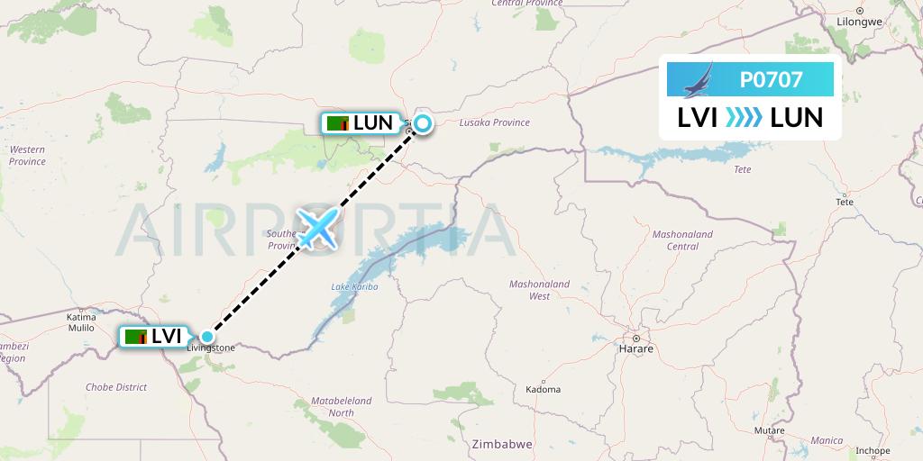 P0707 Proflight Air Services Flight Map: Livingstone to Lusaka