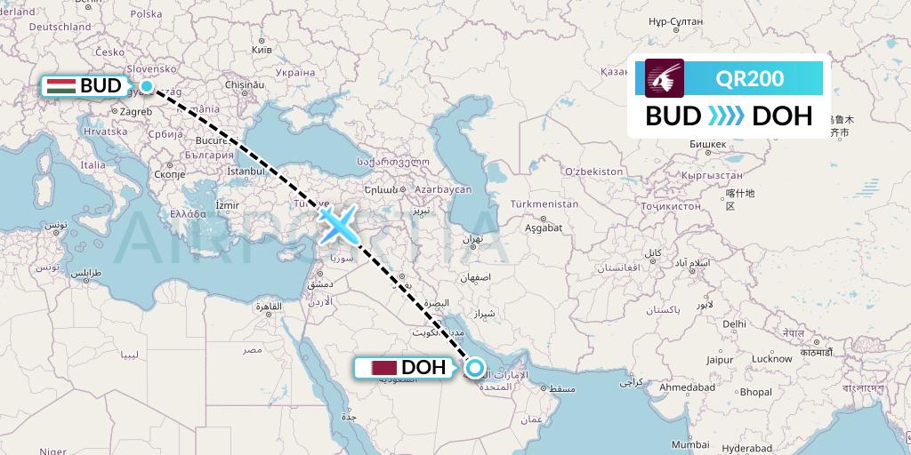 QR200 Qatar Airways Flight Map: Budapest to Doha