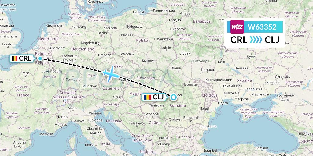 W63352 Wizz Air Flight Map: Brussels to Cluj-Napoca
